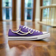 Violet Royalty Chucks & Pearls | Limited Edition Converse Chuck And Pearls Outfit, Chucks And Pearls Outfit, Violet Converse, Pearl Artwork, Pearl Outfit, Bling Hats, Diy Rhinestone Crafts, Sneakers Nike Jordan, Classic Converse