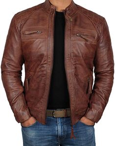 Fjackets Brown Leather Jacket Men - Distressed Lambskin Mens Leather Jacket | [1100083], Johnson Brown, M at Amazon Men’s Clothing store Brown Leather Jacket Men, Black Leather Jacket Men, Distressed Leather Jacket, Michael Jackson Thriller, Lambskin Leather Jacket, Men's Leather Jacket, Real Leather Jacket, Motorcycle Leather, Daft Punk