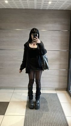 Cute Black Winter Outfits, Demonia Stomp 08 Outfit, Winter Outfits Dark Aesthetic, Goth Barista Outfit, Cute Black Fits, How To Style White Tights, Emo Gothic Outfits, Soft Goth Outfits Winter, Long Black Socks Outfit