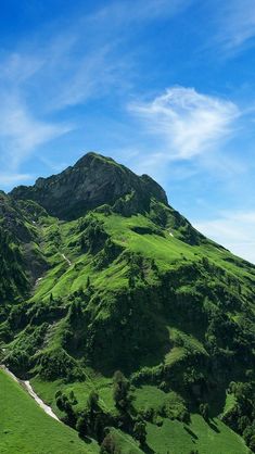 a green mountain covered in grass under a blue sky