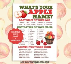 an apple themed baby shower game with apples in the background and text that says, what's your apple name?