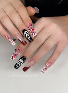 Ghost Busters Nail Designs, Scream Nails Red, Halloween Ghost Face Nails, Halloween Nail Designs Blood, Saw Nails Halloween, Halloween Nails Medium Length, Spooky Valentines Nails, Horror Nail Designs, Horror Nails Designs