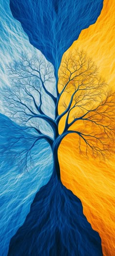 an abstract painting of a tree with blue, yellow and orange colors