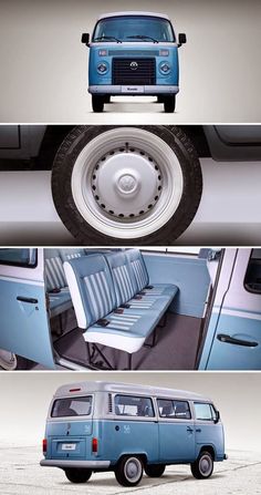 three different views of the interior and exterior of an old car, including a blue vw bus