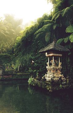 a gazebo sitting in the middle of a pond surrounded by lush green trees and bushes