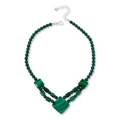 Jay King Sterling Silver Malachite 18" Necklace Add a sophisticated pop of gorgeous green gemstone color to you neckline with this bold necklace design. It features the unique color bands of Congolese malachite handcrafted into a stunning silhouette. From Jay King.       Approx. 18"L x 5/16"W with 2-3/4" extender     Drop approx. 1-7/16"L x 1-7/16"W     Stamped .925      Hook closure     Necklace drape has three cushion-cut malachite stations connected via two strands of round and cylindrical beads     Round malachite beads complete necklace   Stone Information       All sizes and weights approximate     Stabilized Green Malachite - Square (17x17mm to 28x28mm), freeform (8x11mm), round (7mm); mined in South Africa Adjustable Green Emerald Necklace, Green Malachite Gemstone Bead Necklaces, Green Malachite Gemstone Beads Necklace, Adjustable Green Onyx Necklace, Elegant Green Malachite Beaded Necklace, Green Malachite Gemstone Bead Jewelry, Green Malachite Jewelry With Gemstone Beads, Green Malachite Beaded Necklaces With Natural Stones, Green Malachite Beaded Necklace With Natural Stones