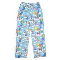 a child's pajama pants with rainbows and clouds