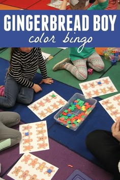 children are sitting on the floor playing with their gingerbreads and color bingo game