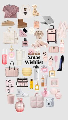 a collage of pink and white items with the words xmas wishlist written on them