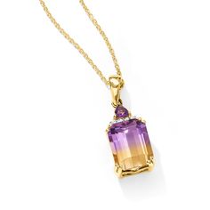 Ross-Simons - 2.90 Carat Ametrine Pendant Necklace in 14kt Yellow Gold. 18". Our 2.90 carat emerald-cut ametrine pendant necklace reminds us of the magical moment when twilight turns to sunset. Also features amethyst and diamond accents. Crafted in 14kt yellow gold. Suspends from a cable chain with a 2" extender. White rhodium. Springring clasp, ametrine pendant necklace. Each ametrine is unique and may vary. Amethyst birthstones are the perfect gift for February birthdays. Amethyst Birthstone, February Birthday, Pretty Rocks, High Jewelry, Emerald Cut, Cable Chain, Unique Jewellery, Emerald, Amethyst