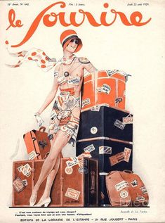 an advertisement for luggage with a woman sitting on top of it and several suitcases behind her