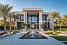 a large house with a fountain in front of it and palm trees around the pool