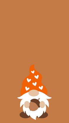 an orange and white gnome with hearts on his hat is standing in front of a brown background