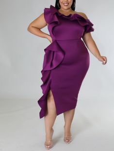 Stretch dress U neckline Short sleeves Ruffles Slit Zipper closure 96% polyester 4% spandex Hand wash cold Model is wearing a 2X True to size Vestidos Curvy, Purple Plus Size Dresses, Plus Size Sheath Dress, Off One Shoulder Dress, Plus Size Party, Boutique Couture, Party Dresses Online, Plus Size Party Dresses, Gown Style