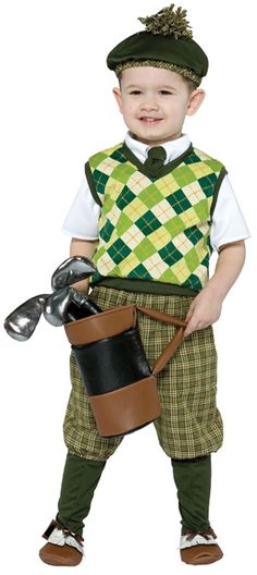 a little boy dressed up as a golf player with a hat and clubs in his hand