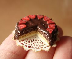 a miniature piece of cake with chocolate and strawberries on it