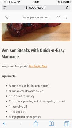 the menu for an app showing steaks with quick - n - easy marinade