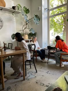 three people sitting at a table in front of a window with potted plants on the windowsill