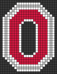 a cross stitch pattern with the letter o in red and white, on a black background