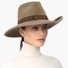 This Water-Repellent Wool Felt Western Hat Has A Hippie Chic Vibe And A Lot Of Personality. It Features A Calf Leather Band With Antique Nail Heads For A Rustic Touch. The Crown Is Fully Lined To Provide Warmth And Comfort In Any Season. The Elasticized Inner Band Adapts To Your Head Size. The Hat Is Made In The Usa From Sustainable Wool That Comes From Humane Farms. Some Features Of This Hat Are: Brim Span: 3.375" Made In Usa From Sustainable And Humane Wool Adjustable With Elasticized Inner Ba Akubra Hats, Art Costume, Wide Brim Fedora, Elegant Hats, Women's Headwear, Western Hats, Casual Chic Outfit, Derby Hats, Felt Hat