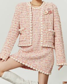 *Jacket and dress are sold separately.

A tweed set for an elegant look.

The pink color makes it even more feminine.

Each item is easy to use individually and can be styled in a variety of ways.
◾️Model
Height/Weight：165cm(64.9in)/44kg(97.0lb)
Fitting Size：M
Jacket





Cm
(inches)

Length
Chest
Shoulder
Sleeve Length


S
48(18.8)
94(37.0)
37(14.5)
55(21.6)


M
49(19.2)
96(37.7)
38(14.9)
56(22.0)


L
50(19.6)
98(38.5)
39(15.3)
57(22.4)




Dress





Cm
(inches)

Length
Chest
Shoulder


S
72( Winter Pink Tweed Dress, Pink Tweed Dress For Winter, Formal Pink Tweed Blazer, Pink Long Sleeve Tweed Dress For Spring, Chic Pink Tweed Dress For Fall, Spring Pink Tweed Outerwear, Chic Pink Tweed Outerwear, Elegant Pink Tweed Jacket For Work, Chic Pink Tweed Dress For Spring