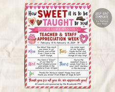 a teacher appreciation week poster with hearts and cupcakes on the front, says how sweet it is to be taught by you