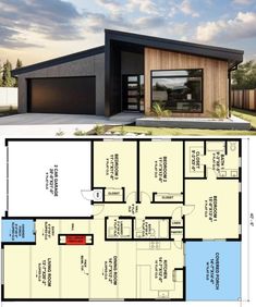 the floor plan for a modern house with two garages and an open living area