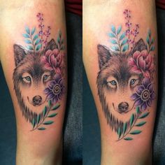 two tattoos on the legs of people with flowers in their hair and an image of a wolf's head