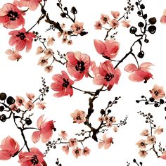 an artistic painting of pink flowers on a white background