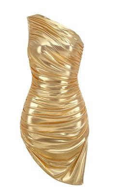 ONE SHOULDER RUCHED MINI DRESS IN GOLD Gold Party Dresses, Gold Party Dress, Elegant Mini Dress, Cocktails Bar, Ruched Mini Dress, Most Beautiful Dresses, Neckline Designs, Gold Party, Color Dorado