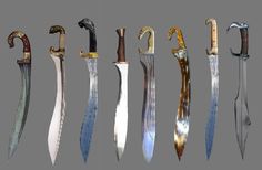 six different types of swords with gold and silver handles