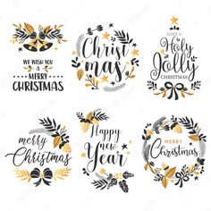 six christmas stickers with gold and black lettering