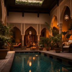 an indoor swimming pool surrounded by potted plants and seating area with lights on the ceiling