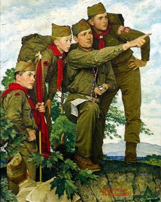 a painting of soldiers pointing at something in the air with two boys standing next to them