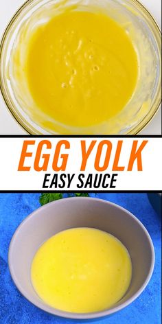 an egg yolk is in a bowl with the words easy sauce next to it