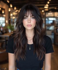 Trendy Espresso Brown Long Shag Haircut for Brunettes with Dark Fall Tones Dark Long Shag Haircut, Overall Hair Color Ideas, Fall Hair Latina, Dark On Dark Balayage, Dark Brown Hair With Bangs Long, Rich Cool Tone Brown Hair, Haircut For Long Hair Women, Long Dark Fall Hair Color, Brunette All Over Hair Color