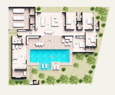 an aerial view of a house with swimming pool and lounges on the ground level