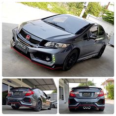 three pictures of the front and side of a gray honda civic hatchback with red stripes