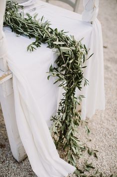 an olive branch is tied to the back of a chair with white cloth on it