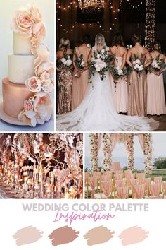 wedding color palettes for the bride and groom in pink, peach, gold and white