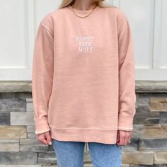 Reach out and find your Happily Ever After ✧ Our vintage pigment-dyed sweatshirts are so comfy and lightweight, you won't want to take it off and you'll have it for years! Now in a spring dusty pink/peach color, this crewneck is embroidered for a subtle, monochromatic design so you can wear the magic wherever you are, any day. This sweatshirt has an oversized fit. Model is 5'5" and wearing a size medium. Features 80% ring spun cotton, 20% polyester blend 100% cotton 30 singles face yarn split st Spring Cotton Distressed Sweatshirt, Spring Distressed Cotton Sweatshirt, Spring Crew Neck Soft-washed Sweatshirt, Spring Soft-washed Crew Neck Sweatshirt, Faded Washed Sweatshirt For Loungewear, Soft-washed Crew Neck Sweatshirt For Spring, Pink Washed Long Sleeve Sweatshirt, Pink Long Sleeve Washed Sweatshirt, Spring Washed Crew Sweatshirt