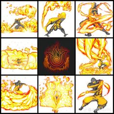 nine images of different types of fire and flames in various poses, with one man holding a