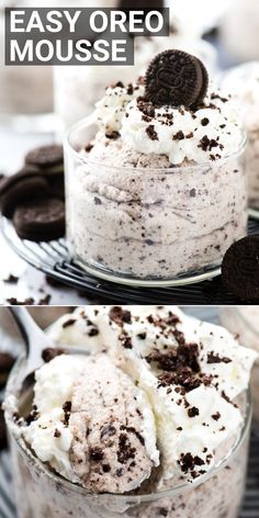 two pictures of oreo mousse with cookies on top