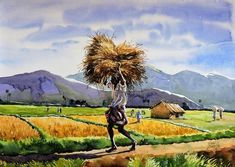 a painting of a man carrying hay on his head in the middle of a field