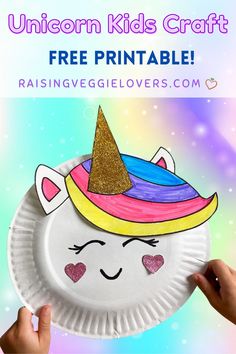 a paper plate with a unicorn face on it and the text, unicorn kids craft free printable