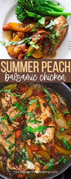 this is an image of some chicken and vegetables in a skillet with the words summer peach balsamic chicken