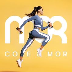 a woman in grey and white running while holding a bottle of protein powder with the word mrr on it