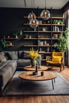 a living room filled with furniture and lots of bookshelves on the wall next to a window