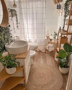 a bathroom with wooden floors, white walls and plants on the counter top next to the sink