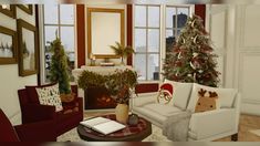 a living room filled with furniture and a christmas tree